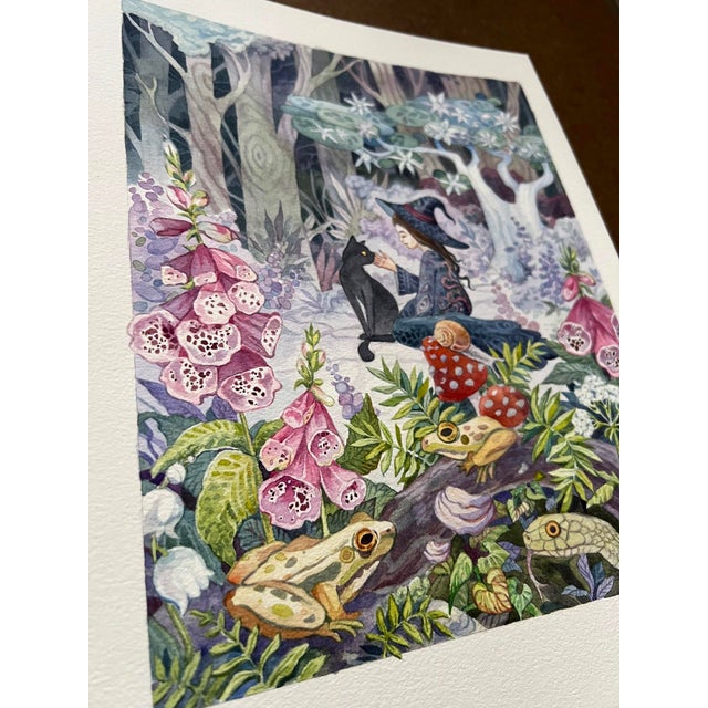 Foxglove by Ania Mohrbacher | Watercolor on Watercolor paper Witch with a black cat in a forest setting. For Sale - Image 4 of 4