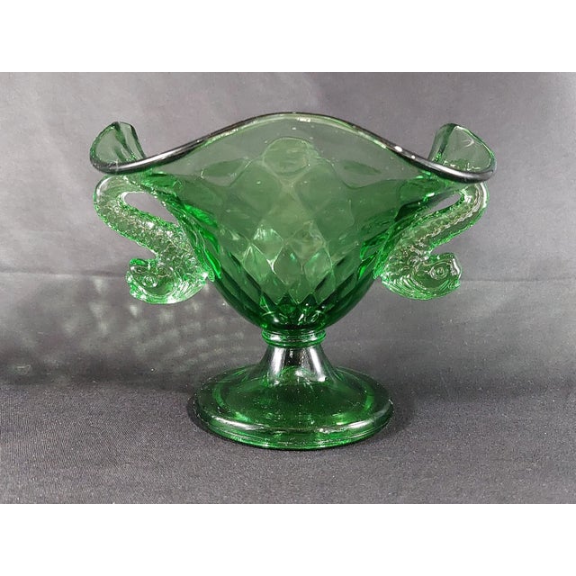 Mid 20th Century Vintage Fenton Dolphin Green Uranium Glass Two Handled Crimped Bowl For Sale - Image 5 of 11
