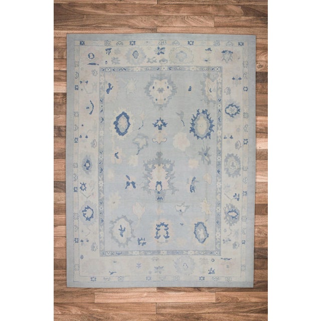 Textile Early 21st Century Soft Blue Floral Design Handwoven Wool Modern Turkish Oushak Rug 10'4" X 13'9" For Sale - Image 7 of 8