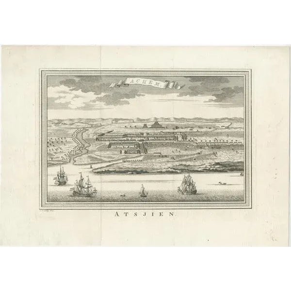 Antique print titled 'Achem - Fire'. Decorative panoramic view of Atjeh on Sumatra, Indonesia. On this engraving a pagode...