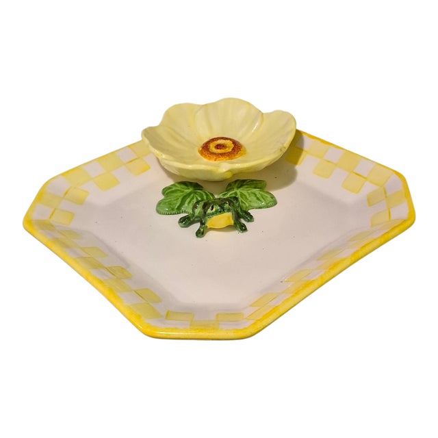 Vintage "Cali "Ceramic Lotus Flower Lily Pod 3DFrog Chip & Dip Platter For Sale - Image 9 of 9