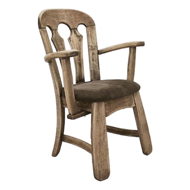 Dutch Brutalist Oak Armchair with Leather Seat, 1970s For Sale