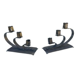 Early 20th Century Arts & Crafts Hand-Hammered Brass Three-Light Candelabras – Pair For Sale