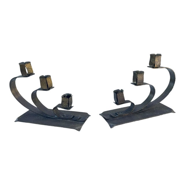 Early 20th Century Arts & Crafts Hand-Hammered Brass Three-Light Candelabras – Pair For Sale