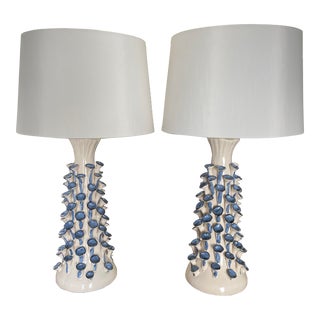 Blue and White Drip Glaze Sunken Barnacle Lamps, a Pair For Sale