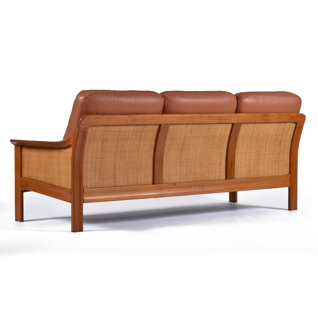Danish Modern Teak Sofa With Caned Sides Restored in New Leather For Sale - Image 11 of 16