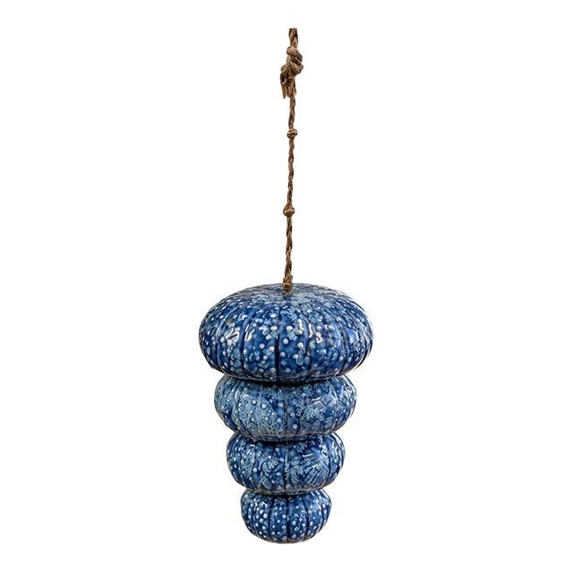 Vintage Blue Glazed Studio Pottery Stacked Ceramic Wind Bell Hanging Sculpture For Sale
