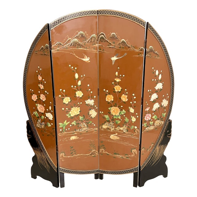 Chinoiserie and Black Lacquer Four-Panel Folding Screen Room Divider, 1930s For Sale