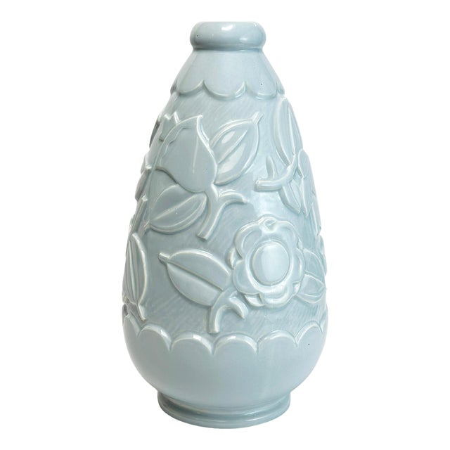 Art Deco Pale Blue Faience Vase attributed to St Clement, France, 1930s For Sale
