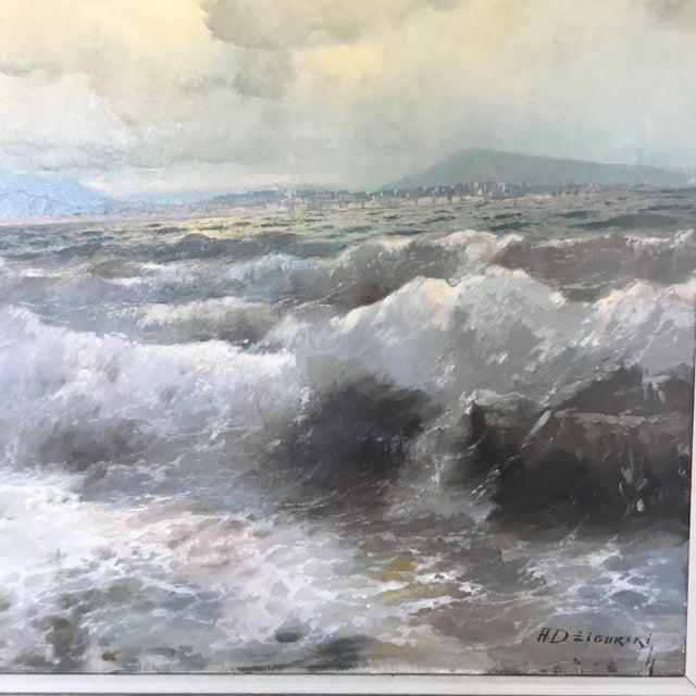 A gorgeous realist California costal seascape. Along the horizon you can glimpse the coastal town and light house by...