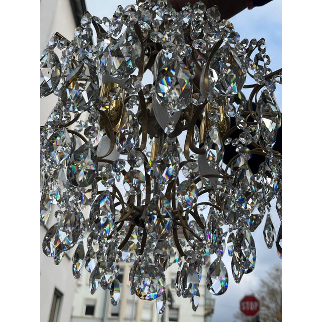 Hollywood Regency Art Deco Basket Chandelier in Brass & Crystal Ceiling Lamp For Sale - Image 18 of 18