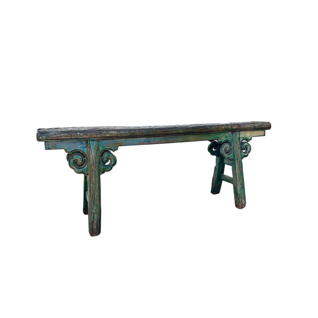 1960s Distressed Brown Teal Blue Green Village Slim Narrow Scroll Apron Wood Bench For Sale - Image 5 of 6