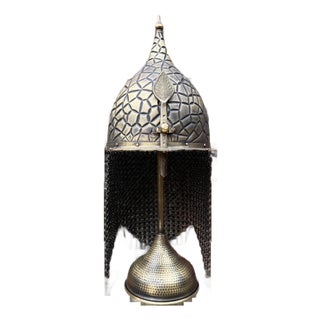 Geometric Engraved Helm With Chainmail For Sale