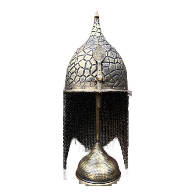 Geometric Engraved Helm With Chainmail For Sale