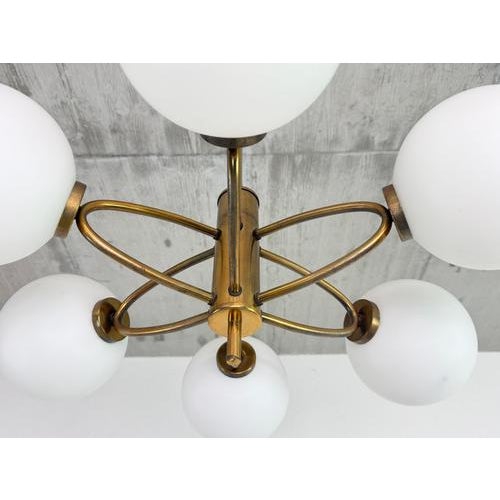 1960s Mid-Century Modern Brass and Opaline Glass 6-Globe Chandelier, 1960s For Sale - Image 5 of 10