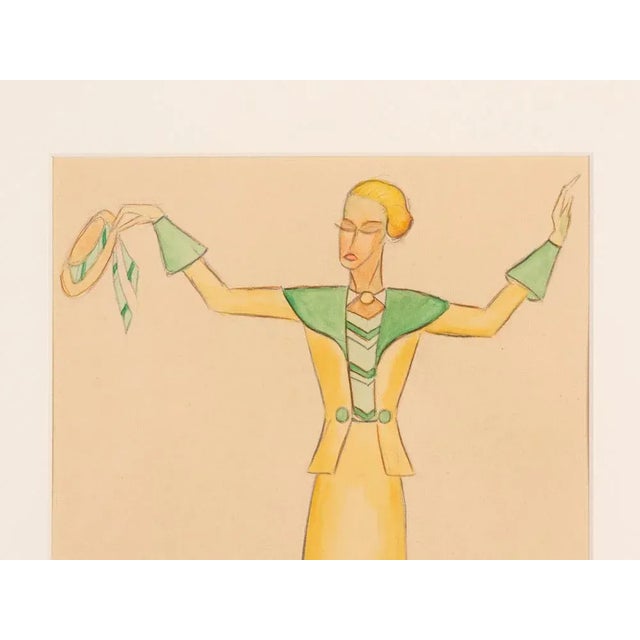 Art Deco Fashion Drawings II, Gouache on Paper, Framed For Sale - Image 8 of 12