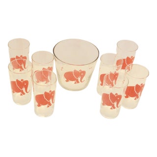 Vintage 1950s Federal Glass "Pink Elephant" 9-Piece Barware Set - Bowl & 8 Glasses For Sale
