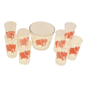 Vintage 1950s Federal Glass "Pink Elephant" 9-Piece Barware Set - Bowl & 8 Glasses