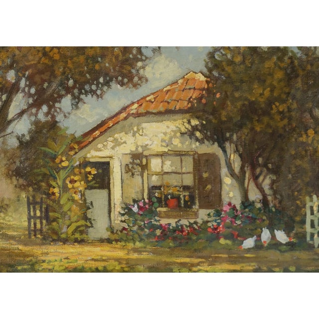 Charming early 20th Century impressionistic summer landscape of Dutch cottage with chickens. Signed illegibly lower right...