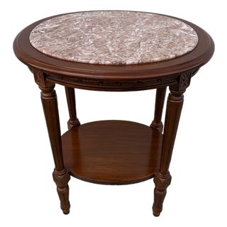 Vintage Louis XVI Style Oval Rose Marble-Top Carved Wood Side Table For Sale