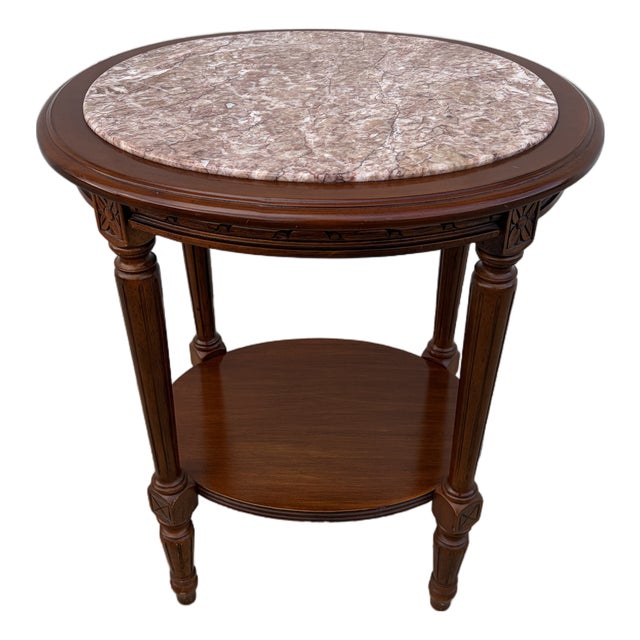 Vintage Louis XVI Style Oval Rose Marble-Top Carved Wood Side Table For Sale
