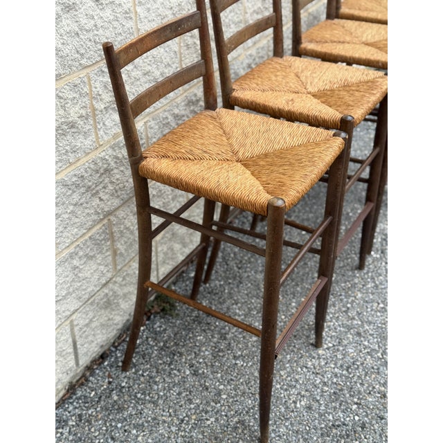 Set of Four Vintage Rush Seat Ladderback Bar Stools For Sale - Image 4 of 12
