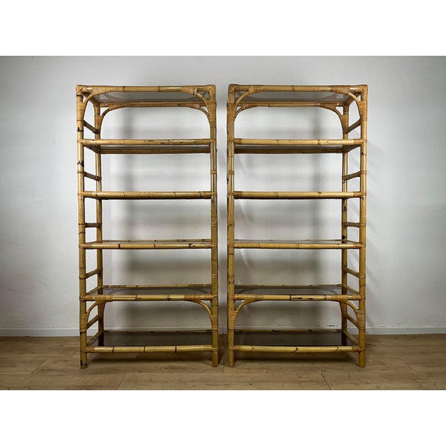 Italian Bamboo and Wicker Bookcases with Glass Shelves, 1970s, Set of 2 For Sale - Image 9 of 9