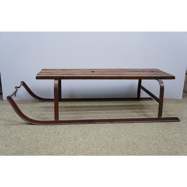 Mid Century Slatted Oak & Iron Snow Sled Sleigh Pull Tow Toboggan Sledge 34" For Sale - Image 4 of 18