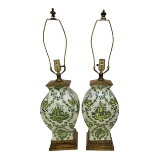 Mid 20th Century Chinoiserie Hand Painted Green Floral Vintage Lamps – A Pair For Sale