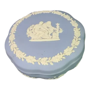 Mid 20th Century Vintage Blue English Wedgwood Jasperware Neoclassical Scene Covered Box