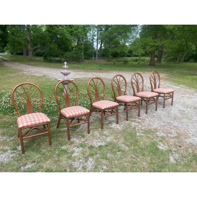 Coastal Vintage Rattan Dining Chairs - Mid Century Coastal Bamboo Dining Set - Palm Beach Regency Boho Kitchen Chairs (Set of 6) For Sale - Image 3 of 14
