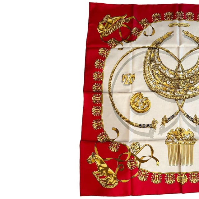 Contemporary Hermes Carre Les Cavaliers D'Or Golden Horsemen Vintage 90cm Red Silk Scarf For Sale - Image 3 of 4