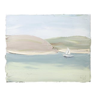 Original Textured Pastel Blue Oil Painting on Canvas "Pittwater Snappermans Study 2 (7.8.19)" by Sally West - Ready to Hang For Sale