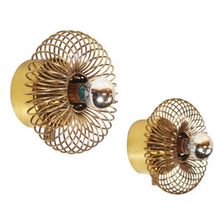 Brass Spring Wall Lamps attributed to Oxar, 1970s, Set of 2 For Sale