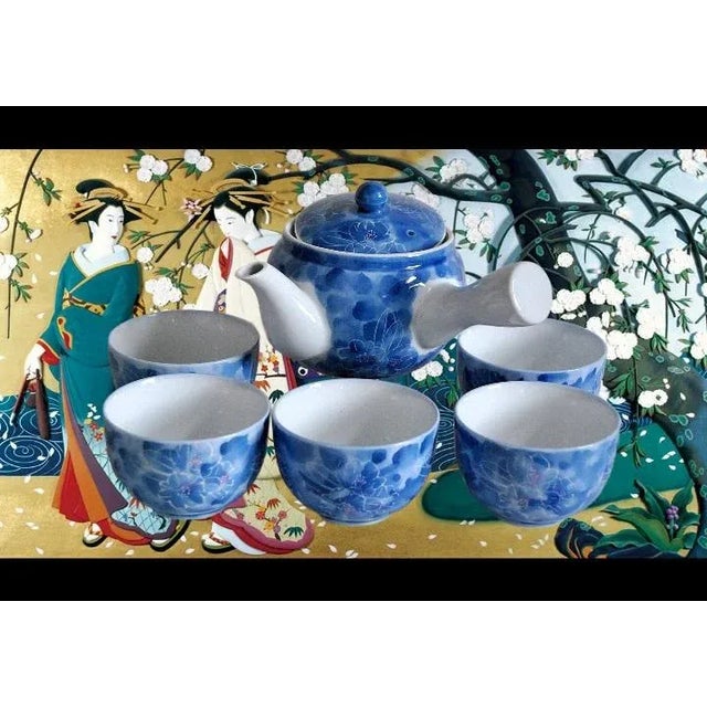 Koransha Fukagawa Blue Porcelain Tea Set Sakura Chawans and Tea Pot - 6 Piece Set For Sale In Salt Lake City - Image 6 of 9