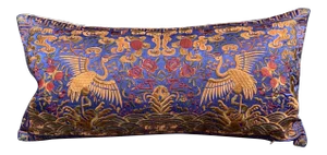 Hollywood Regency Blue & Gold Asian Chinoiserie Silk Crane Pillow