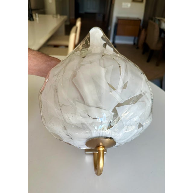 Pair Mazzega Murano White & Clear Glass Leaf Wall Sconces For Sale - Image 14 of 15