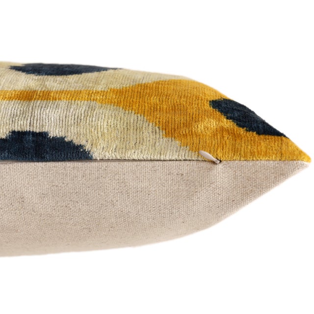 Mid-Century Modern Handmade Yellow & Navy Ikat Velvet Lumbar Pillow 16x24 | Modern Artisan Accent For Sale - Image 3 of 8