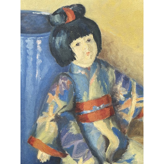 A French Oil on Canvas Japanese Style Painting of a Doll For Sale In Los Angeles - Image 6 of 9