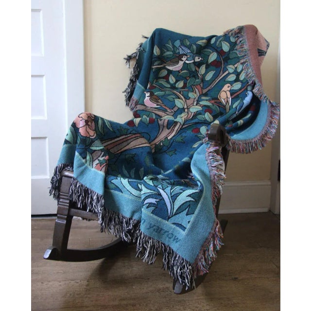 Arts and Crafts Style "Tree of Birds" in Teal Jacquard Woven Throw Blanket For Sale - Image 9 of 11