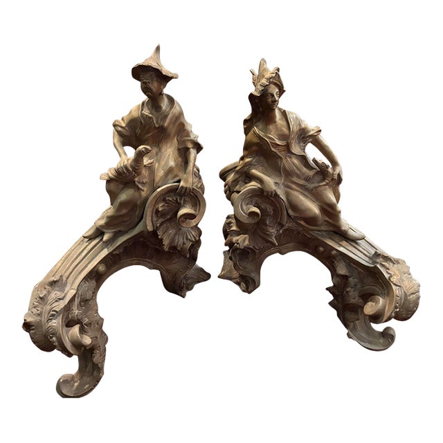 Pair of Early Louis XV Chinoiserie Gilt Bronze Ormolu Chenets / Andirons, Circa 1745 [Sp] For Sale