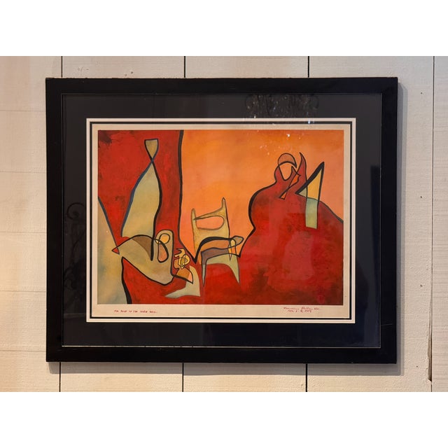 An abstract composition in acrylic on paper with bold red and orange fields layered with soft washes of color. Black lines...