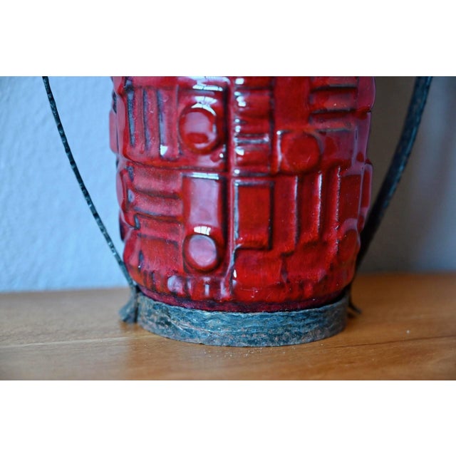 1960s West German Pottery Red Ceramic Floor Vase with Wrought Iron Frame, 1960s For Sale - Image 5 of 9