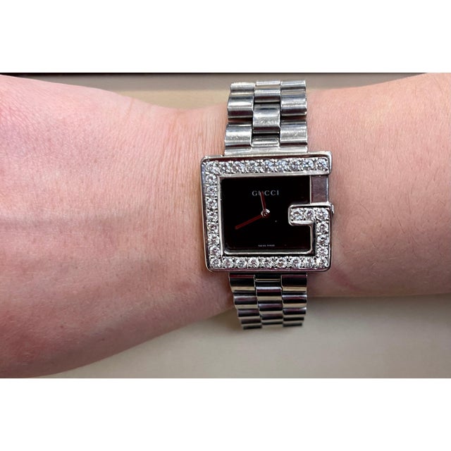 Gucci 100M Steel Rectangular Custom Diamond G-Bezel Black Dial Unisex Watch For Sale - Image 12 of 18