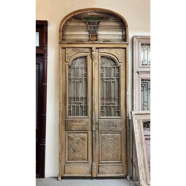 Wood Entry Doors Antique Carved Wood and Wrought Iron For Sale - Image 7 of 8
