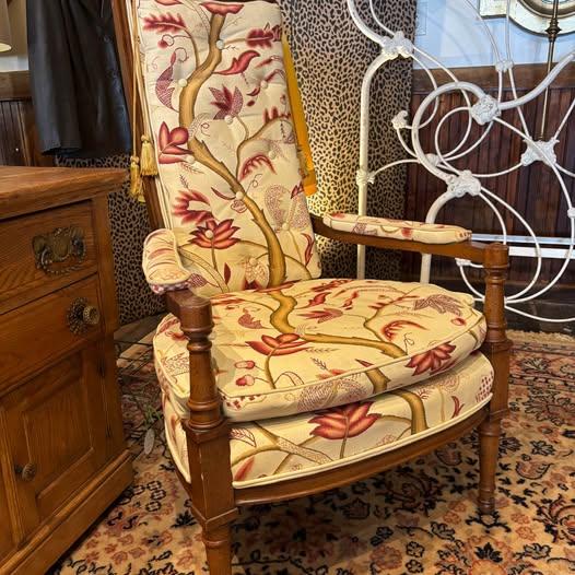 Pair of Mid Century Regency Style Wood Frame Armchairs With Waverly Style Upholstery Fabric and Brass Finial and Tassel Accents For Sale - Image 10 of 14