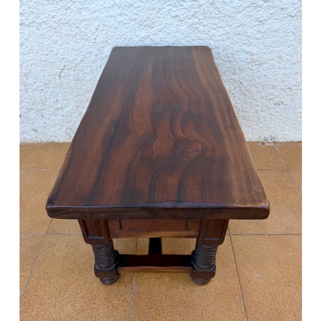 Spanish Carved Wood Side Table with Geometric Decoration and Spiral Legs, 1930 For Sale - Image 12 of 15
