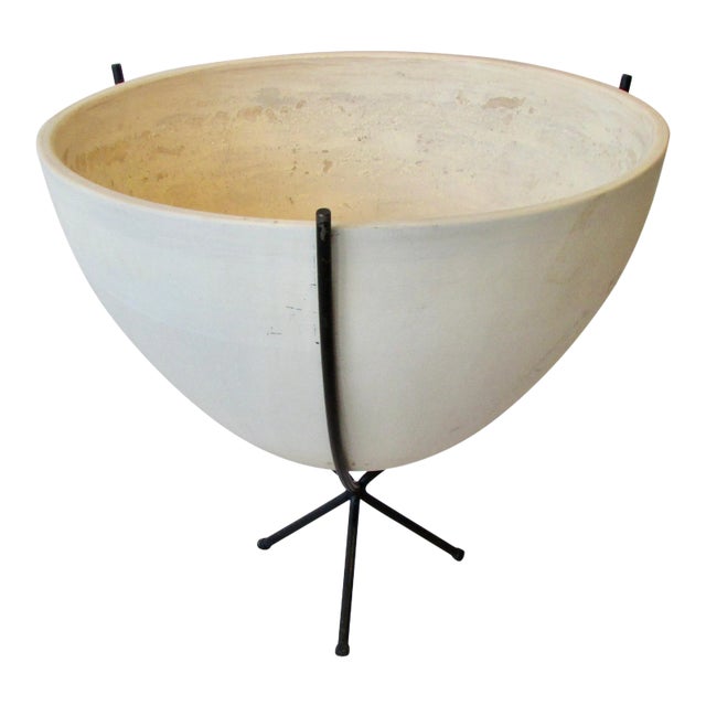 Large Early John Follis Architectural Pottery Planter Pot in Wrought Iron Base For Sale