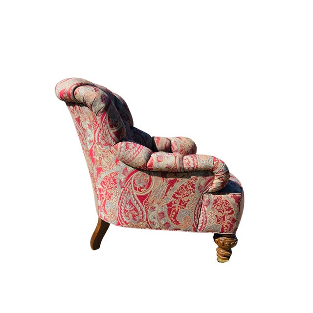 Late 20th Century Late 20th C Baker Furniture Tufted Club Armchairs, George Smith Style Paisley Upholstery, Brass Casters – Pair For Sale - Image 5 of 18