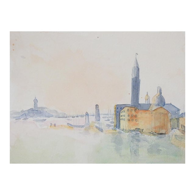 Late 20th Century Continental Harbor and Cityscape Watercolor Painting For Sale